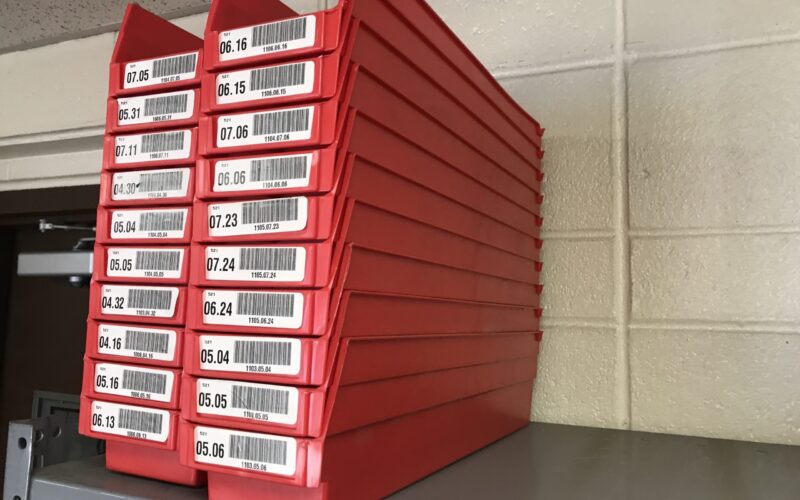red shelf bins